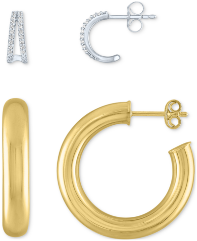 Macy's 2-pc. Set Diamond & Polished Small Hoop Earrings In Sterling Silver & 14k Gold-plate In Sterling Silver  K Gold-plate