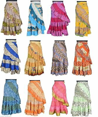 Pre-owned Handmade Wholesale 20 Pc Of Vintage Silk Sari 2 Layer Magic Wrap Skirt Beach Wear Dress In Multicolor