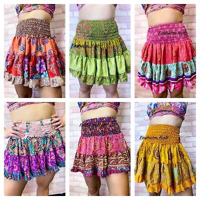 Pre-owned Handmade 20 Pc Of Indian Vintage Hippie Silk Sari Ibiza Skirt Dress Beach Wear Sari Skirt In Multicolor