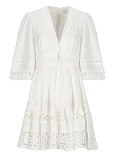 Zimmermann Devi Spliced Embroidered Mini Dress In White