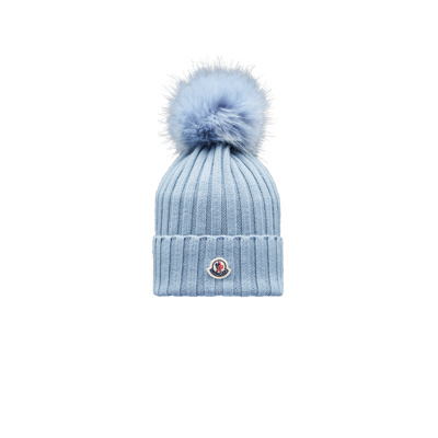 Moncler Collection Wool Beanie With Pom Pom Blue