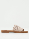 Chloé Woody Slides In Canvas With Embroidered Logo In Beige