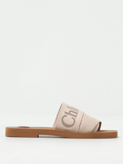 Chloé Woody Slides In Canvas With Embroidered Logo In Beige