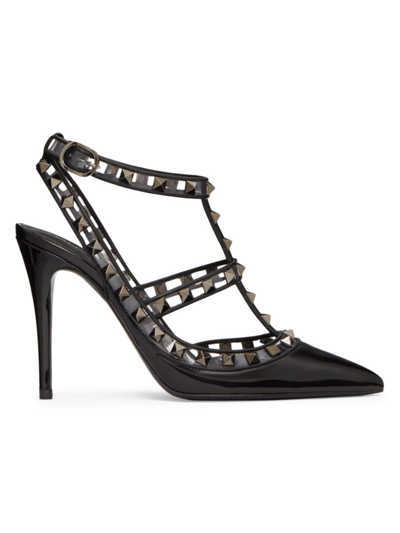 Valentino Garavani Rockstud Pumps In Patent Leather And Polymeric Material With Straps 100 Mm In Black