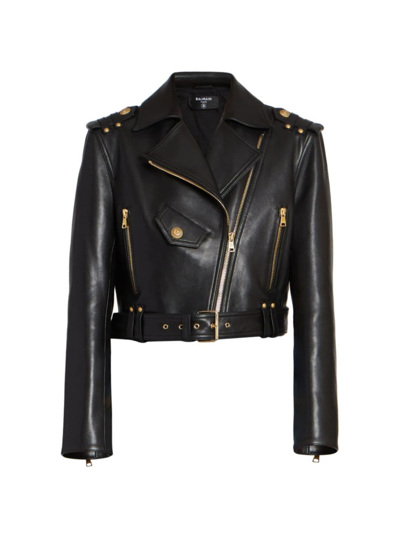 Balmain Cropped Leather Moto Jacket With Belt In Black