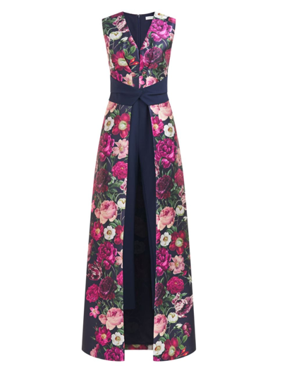 Kay Unger Women's Rene Floral Mikado Walk-thru Jumpsuit In Dark Midnight