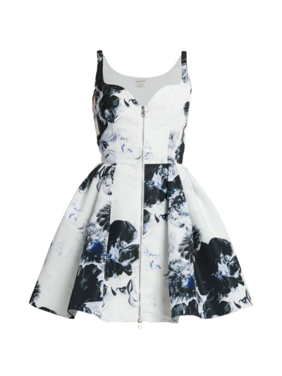 Alexander Mcqueen Floral-print Zip-front Sleeveless Mini Day Dress In White