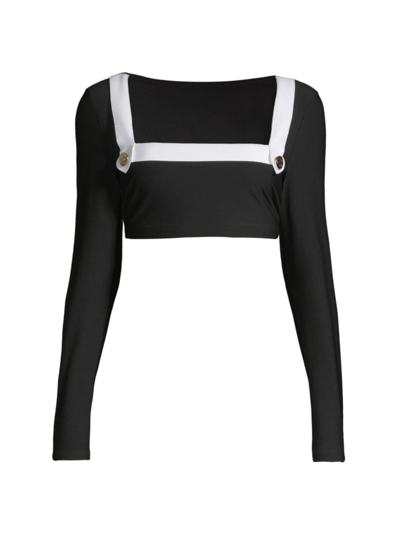 Stylest Dreamsculpt Long-sleeve Cropped Rashguard Swim Top In Black,white