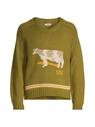 Bode Khaki Cattle Sweater In Green