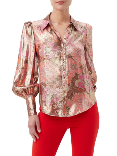 Trina Turk Sagittarius Floral-print Bishop-sleeve Top In Multi