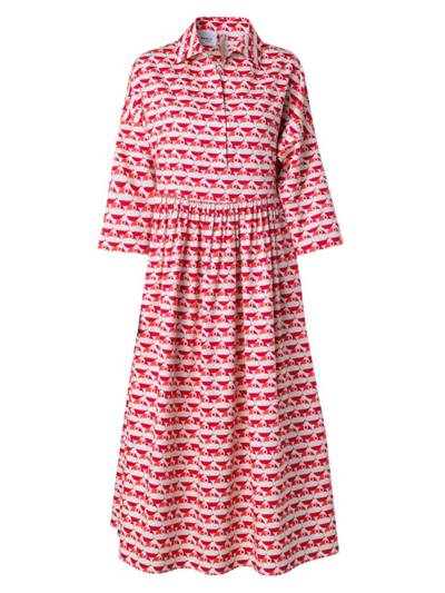 Akris Punto Flamingo Dot Print Long Sleeve Cotton Midi Dress In Beige Red Coral