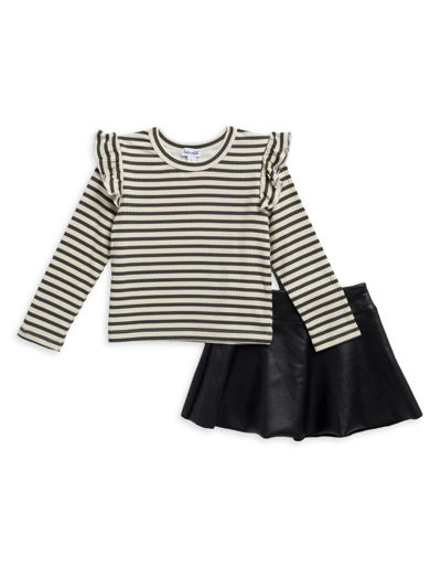 Splendid Kids' Little Girl's 2-piece Striped Bodysuit & Faux Leather Skirt In Black/white