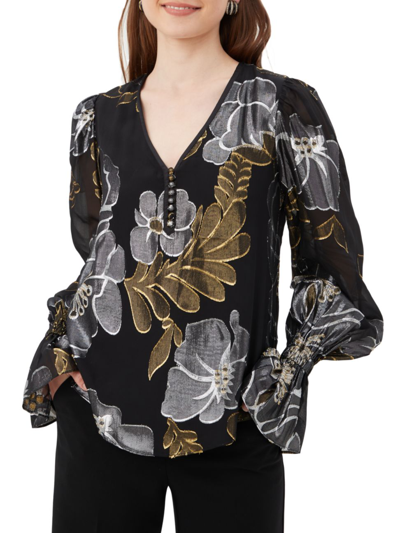 Trina Turk Kaito Floral-print Blouson-sleeve Blouse In Black Metallic