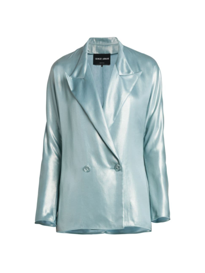 Giorgio Armani Women's Laminated Satin Relaxed Blazer In Solid Medium Blue