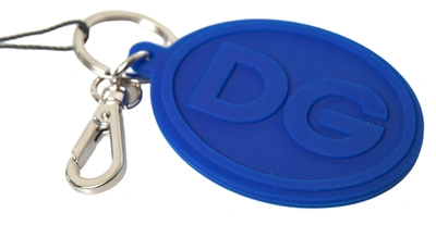 Dolce & Gabbana Blue Rubber Dg Logo Silver Brass Metal Keyring Keychain