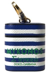 DOLCE & GABBANA BLUE STRIPE DAUPHINE LEATHER LOGO PRINT STRAP AIRPOD CASE