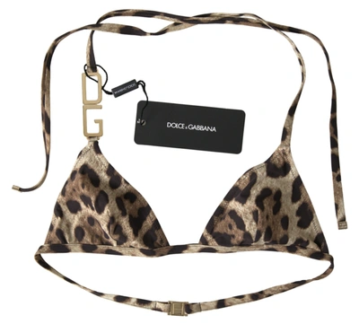 Dolce & Gabbana Brown Leopard Dg Metal Strap Beachwear Bikini Tops