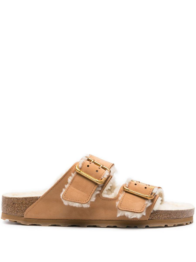 Birkenstock Arizona Bold Shearling With Natural Leather Shoes In Brown