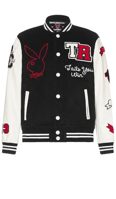 True Religion X Playboy Good Bunny Varsity Jacket In Black & Winter White