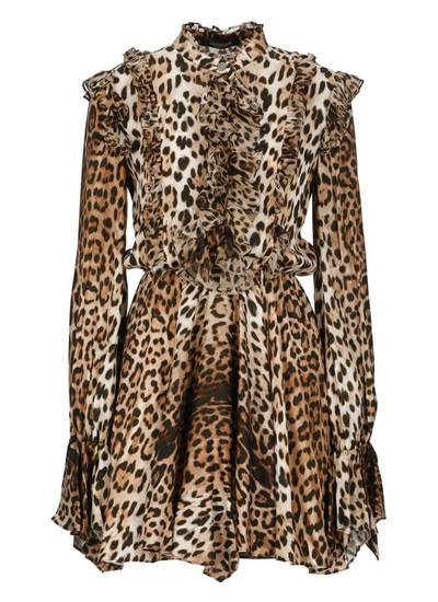 Roberto Cavalli Ruffled-detail Leopard-print Dress In Brown
