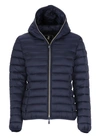 Save The Duck 'alexis' Blue Hooded Down Jacket With Tonal Logo Print In Shiny Nylon Woman In Blue