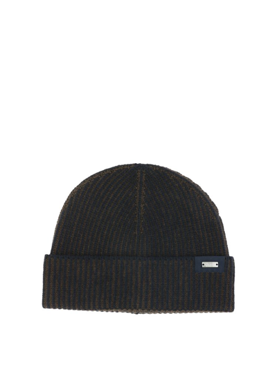 Herno Logo-plaque Ribbed Wool Beanie In Blue