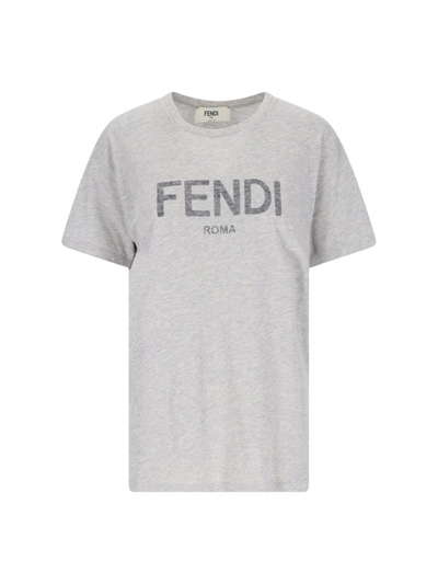 Fendi Logo Printed Crewneck T In Grey