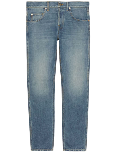 Gucci Denim Trouser With Leather Label In Light Blue