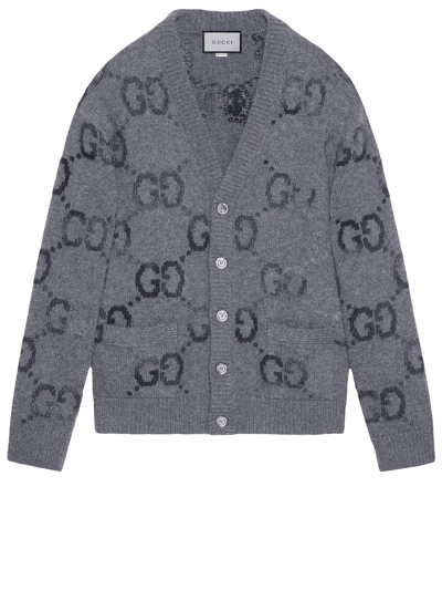 Gucci Distressed Gg Supreme-intarsia Wool-blend Cardigan In Grey