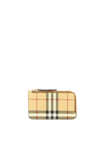 Burberry Check And Leather Zip Card Case In Beige