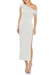 MAC DUGGAL FEATHER TRIM ONE-SHOULDER COCKTAIL MIDI DRESS