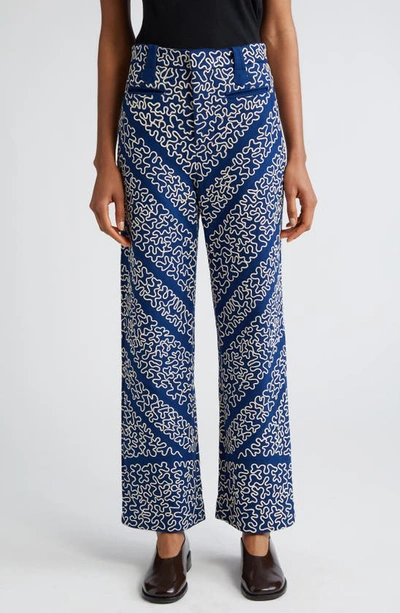 Bode Bombora Cropped Embroidered Wool-blend Wide-leg Pants In Blue White