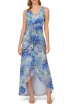 ADRIANNA PAPELL FLORAL METALLIC HIGH-LOW GOWN