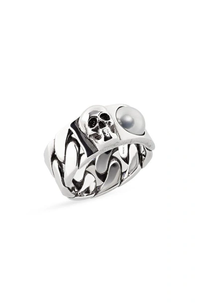 Alexander Mcqueen Men's Pearl And Skull Chain Ring In Antique Silver In A Silver And Pear