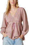 LUCKY BRAND EMBROIDERED LONG SLEEVE COTTON BABYDOLL TOP
