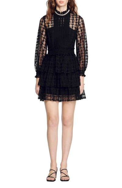 Sandro Louna Floral-lace Tiered Minidress In Noir / Gris