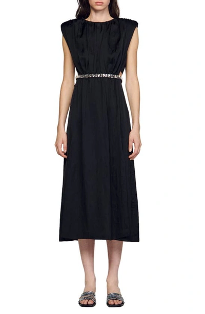 Sandro Lisa Crystal-embellished Midi Dress In Noir