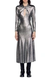 Sandro Hanna Metallic Long Sleeve Midi Dress In Silver