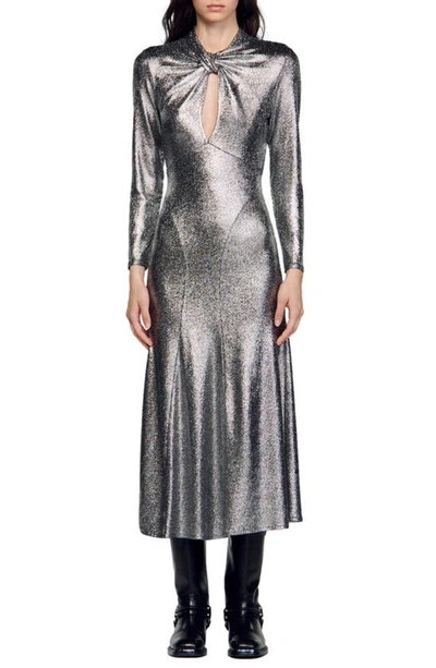 Sandro Hanna Metallic Long Sleeve Midi Dress In Silver