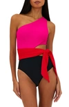 Beach Riot Carlie Cutout One-shoulder Tie Waist One-piece Swimsuit In Glacier Colorblock