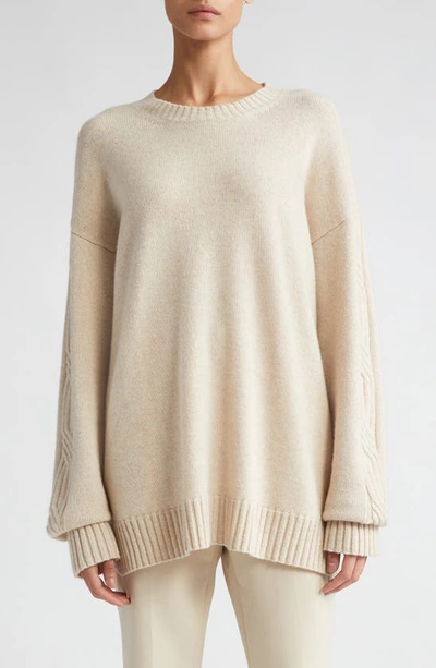 Max Mara Vicini Cable Knit Sleeve Cashmere Crewneck Sweater In Beige
