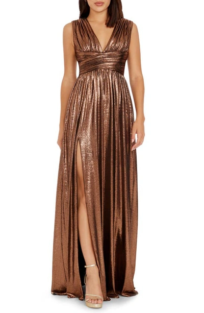 Dress The Population Women's Jaclyn Metallic Foil Jersey Gown In Bronze