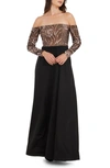 DRESS THE POPULATION MARGARET SEQUIN EMBROIDERED OFF THE SHOULDER LONG SLEEVE GOWN