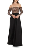 Dress The Population Margaret Sequin Embroidered Off The Shoulder Long Sleeve Gown In Black Multi