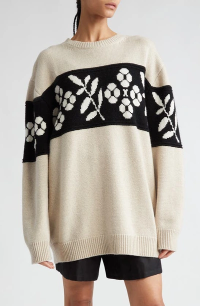 Max Mara Floral Jacquard Oversize Wool & Cashmere Crewneck Sweater In Beige