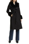 VIA SPIGA WOOL BLEND BELTED COAT WITH FAUX FUR TRIM