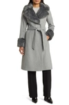 VIA SPIGA WOOL BLEND BELTED COAT WITH FAUX FUR TRIM