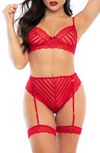 Mapalé Mapale Lace Bra, High Waist Briefs & Garters In Red