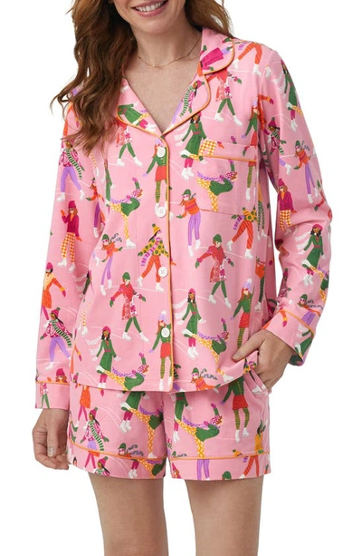 Bedhead Pajamas Printed Short Christmas Pajamas Set In Pink/skating Away