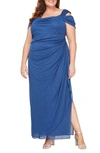 ALEX EVENINGS COLD SHOULDER GLITTER COLUMN GOWN